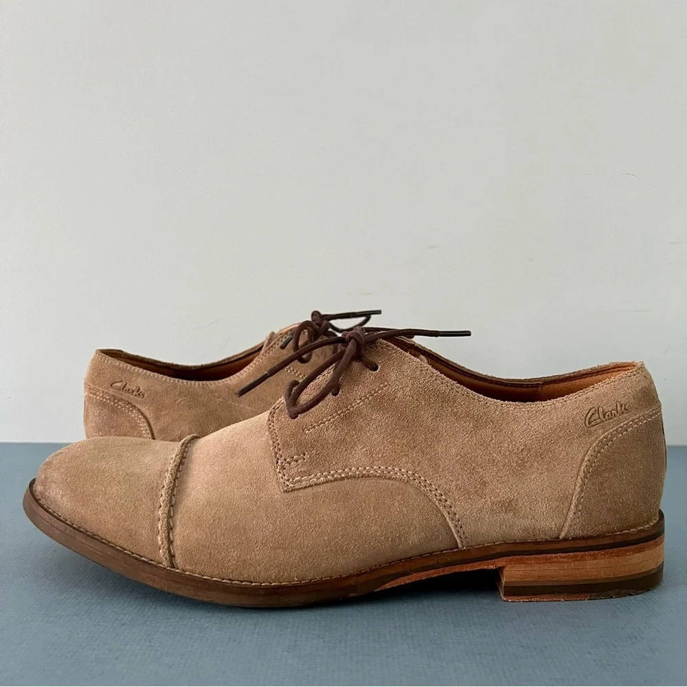 Clarks Exton Oxford Cap Toe‎ Lace Up Tan Suede Derby Shoes